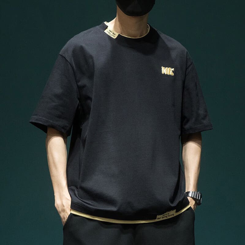 古先森假两件短袖t恤男宽松大码休闲上衣夏季纯棉半袖体恤圆领半截袖 白色 2XL【160-180斤】